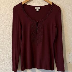 Ann Taylor Loft Rounded Neck Sweater w/crochet & button detail,Small,rusty brown
